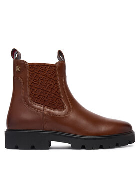 Tommy Hilfiger Tommy Hilfiger Členková obuv s elastickým prvkom Th Monogram Leather Chelsea Boot FW0FW09562 Hnedá