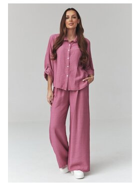 Makadamia Makadamia Komplet koszula i spodnie materiałowe C49 Różowy Loose Fit