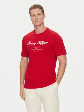 Tommy Hilfiger Tommy Hilfiger T-Shirt Script Logo MW0MW33691 Czerwony Regular Fit