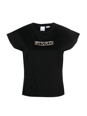 Pinko Pinko T-Shirt T-SHIRT DAMSKI INTERLOCK LOGO STRASS Czarny Regular Fit