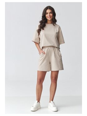 Makadamia Makadamia Komplet bluzka i szorty sportowe M935 Beżowy Loose Fit