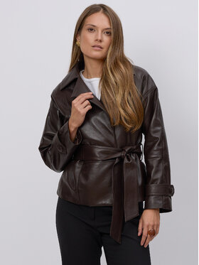 FAN LEATHER Fan Leather Kurtka skórzana Brązowa z Oddzielnym Paskiem Brązowy Oversize