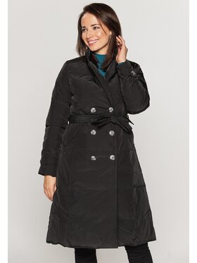 Perso Perso Płaszcz zimowy dwurzędowy wiązany Czarny Slim Fit