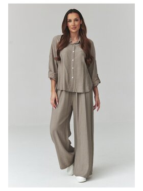 Makadamia Makadamia Komplet koszula i spodnie materiałowe C49 Brązowy Loose Fit