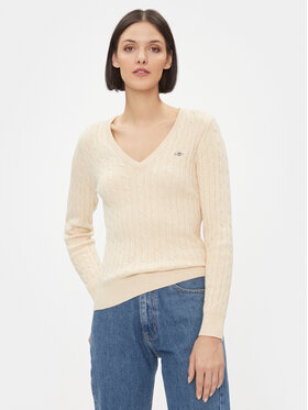 Gant Gant Džemperis Stretch Cotton Cable V-Neck 4800101 Écru Slim Fit