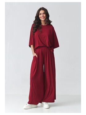 Makadamia Makadamia Komplet bluzka i spodnie M926 Bordowy Loose Fit