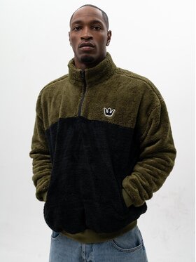 Jigga Wear Jigga Wear Bluza Sherpa Rozpinana Do Połowy Polarowa Miś Męska Oversize Czarna Oliwkowa Jigga Track M Khaki Regular Fit