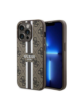 Guess Guess Etui na telefon 4G Printed Stripes MagSafe Brązowy