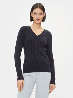 Gant Gant Džemperis Stretch Cotton Cable V-Neck 4800101 Tumši zils Slim Fit