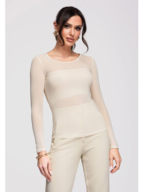 Ombre Ombre Bluzka OW-TS-E0016 Beżowy Slim Fit