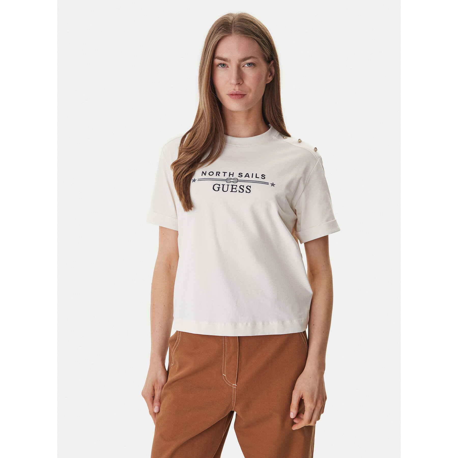 Guess T-Shirt GUESS x NORTH SAILS W6GI03 K2657 Écru Relaxed Fit