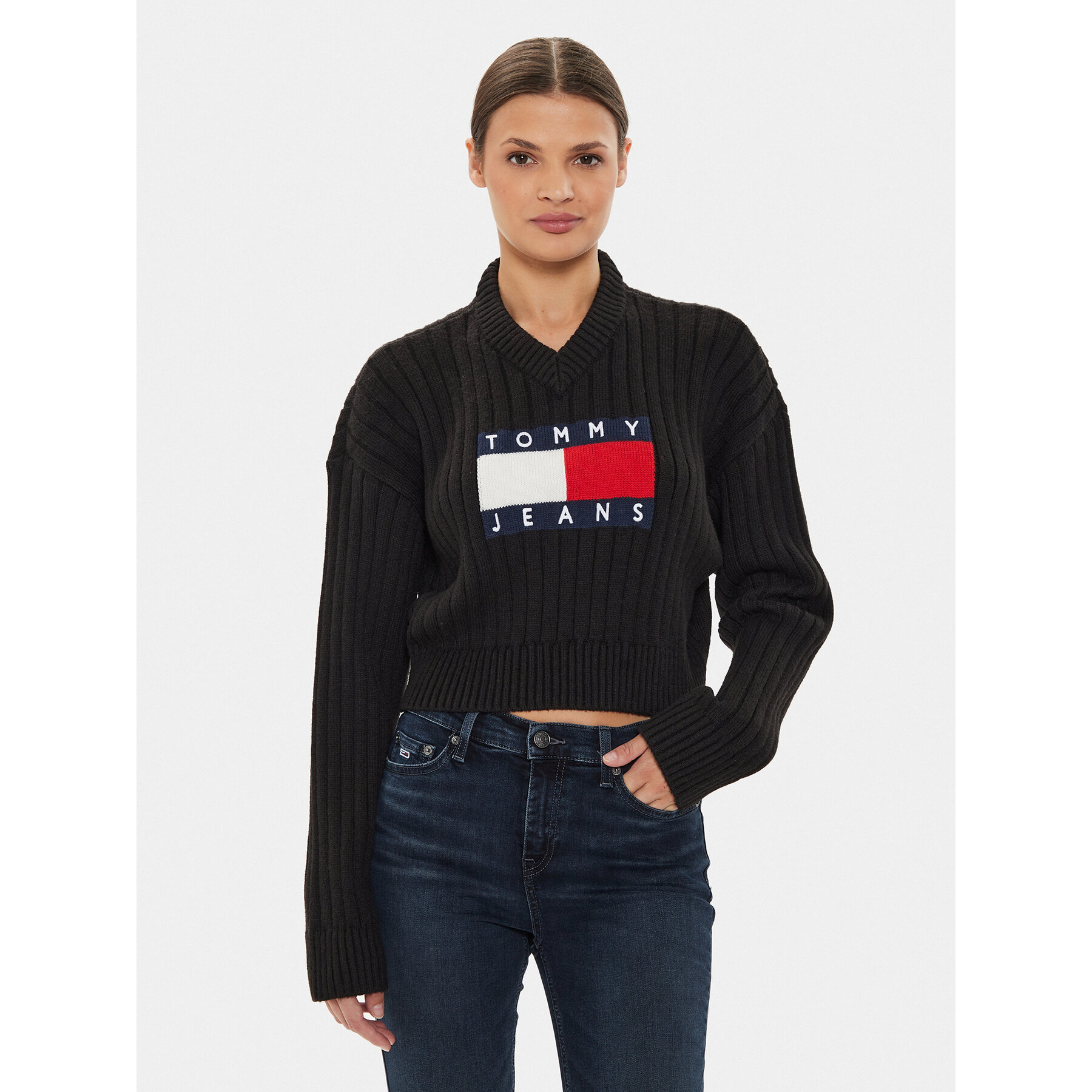 Tommy Jeans Sweter Center Flag DW0DW18528 Czarny Relaxed Fit