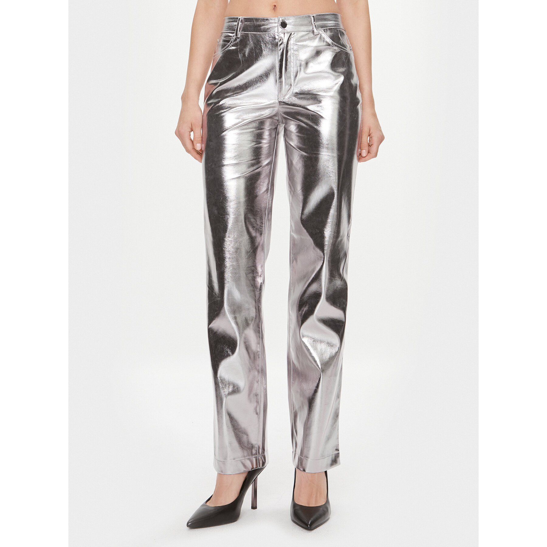 Guess Spodnie z imitacji skóry W4RB33 WFWP0 Srebrny Regular Fit
