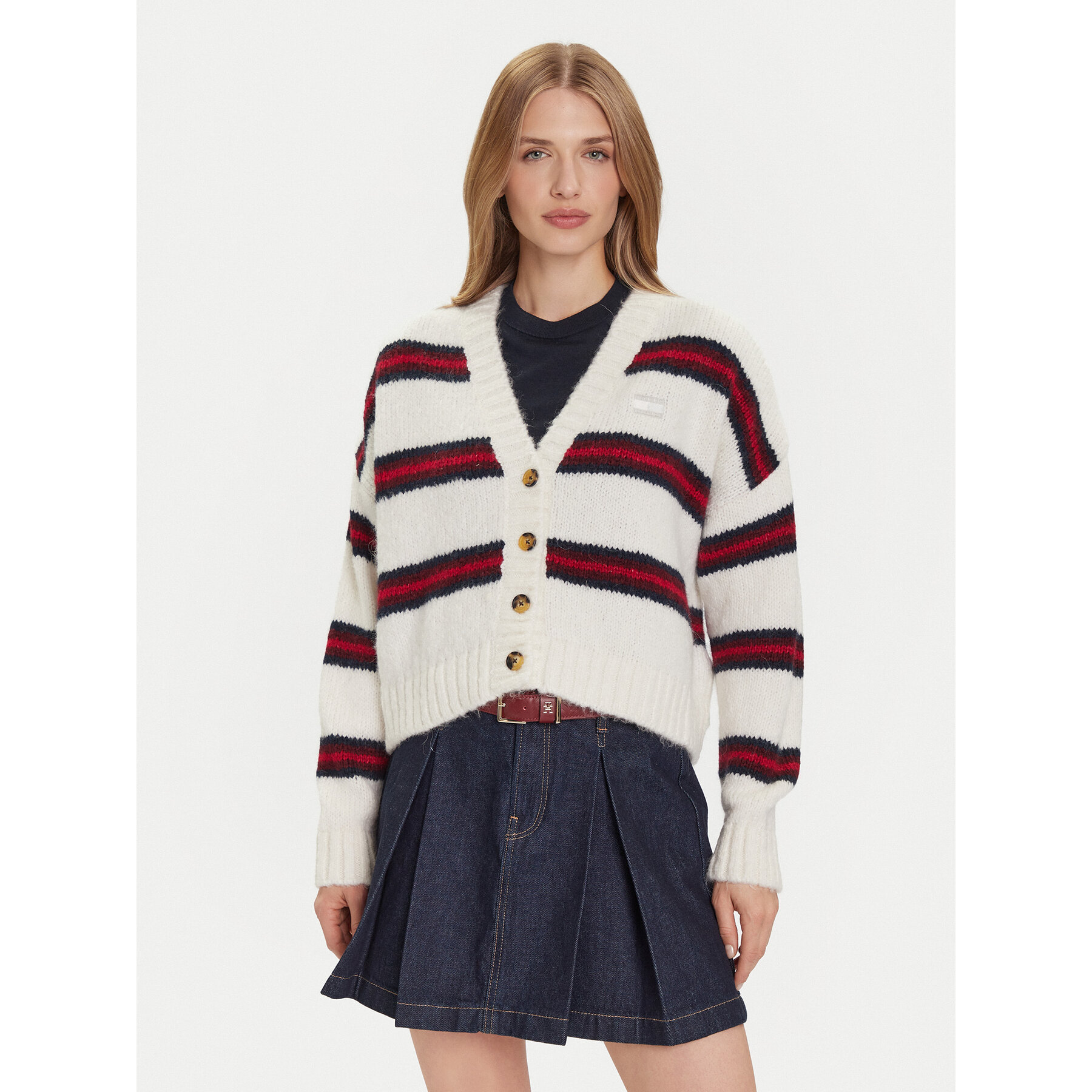 Tommy Jeans Kardigan Badge DW0DW21678 Écru Relaxed Fit