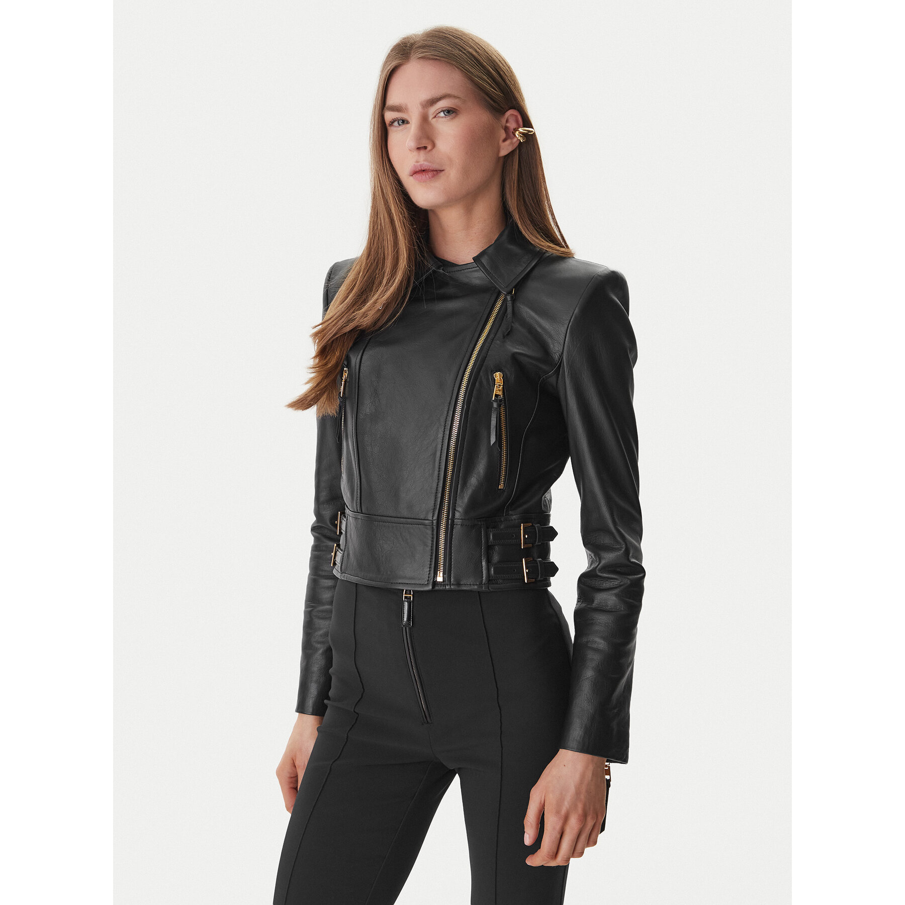 Elisabetta Franchi Kurtka skórzana GD-57Z-61E2-V1490 Czarny Regular Fit
