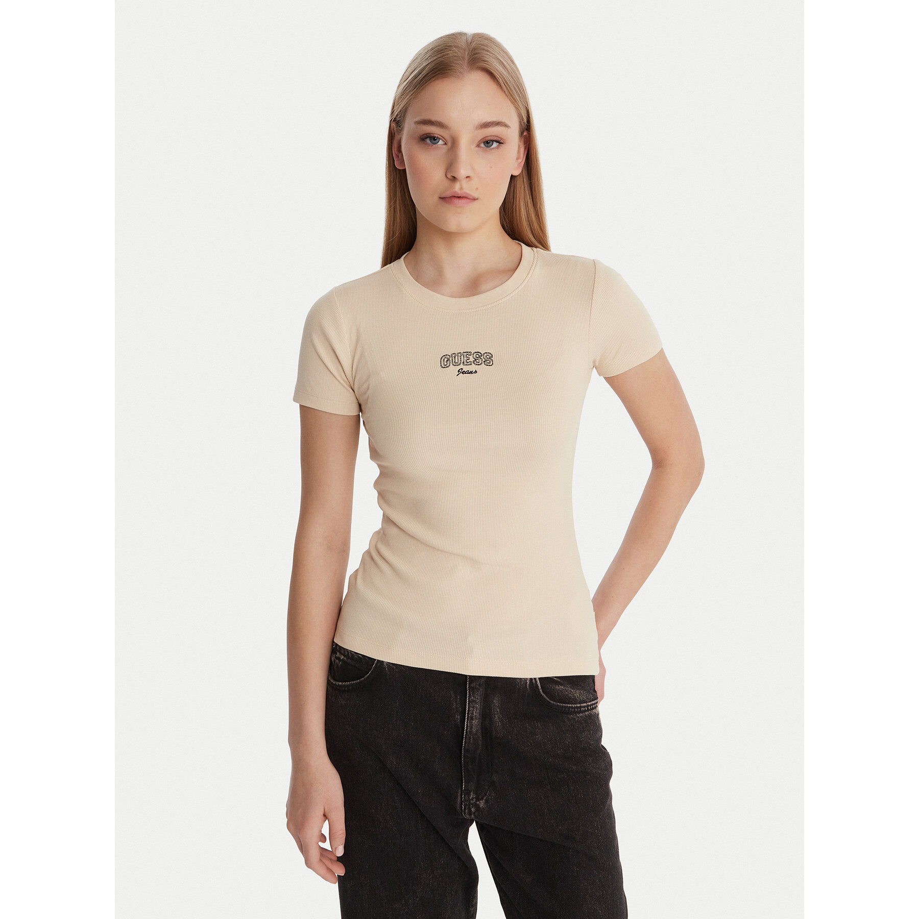 Guess Jeans T-Shirt W6RP21 KA0H1 Beżowy Slim Fit