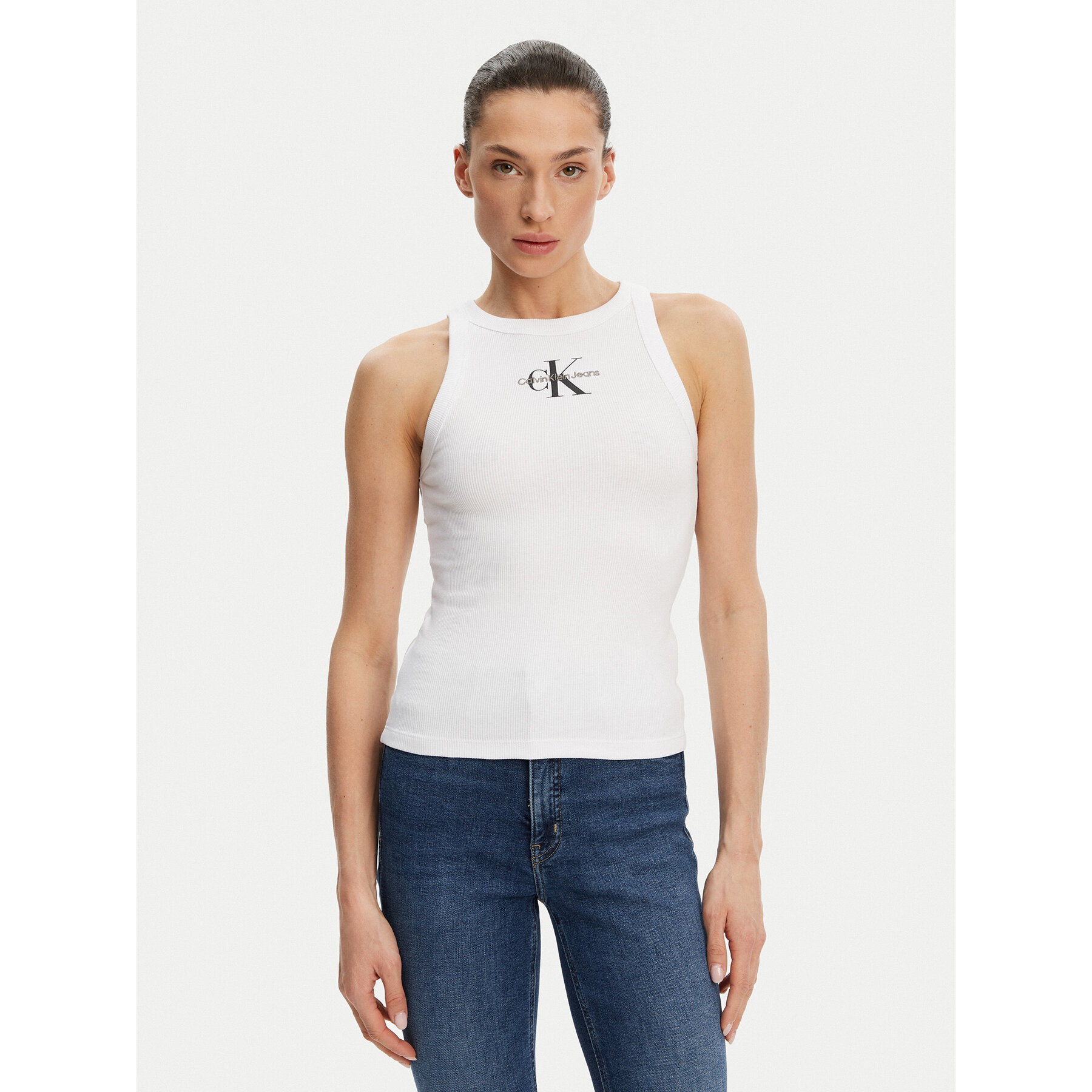 Calvin Klein Jeans Top Monologo J20J225301 Biały Slim Fit