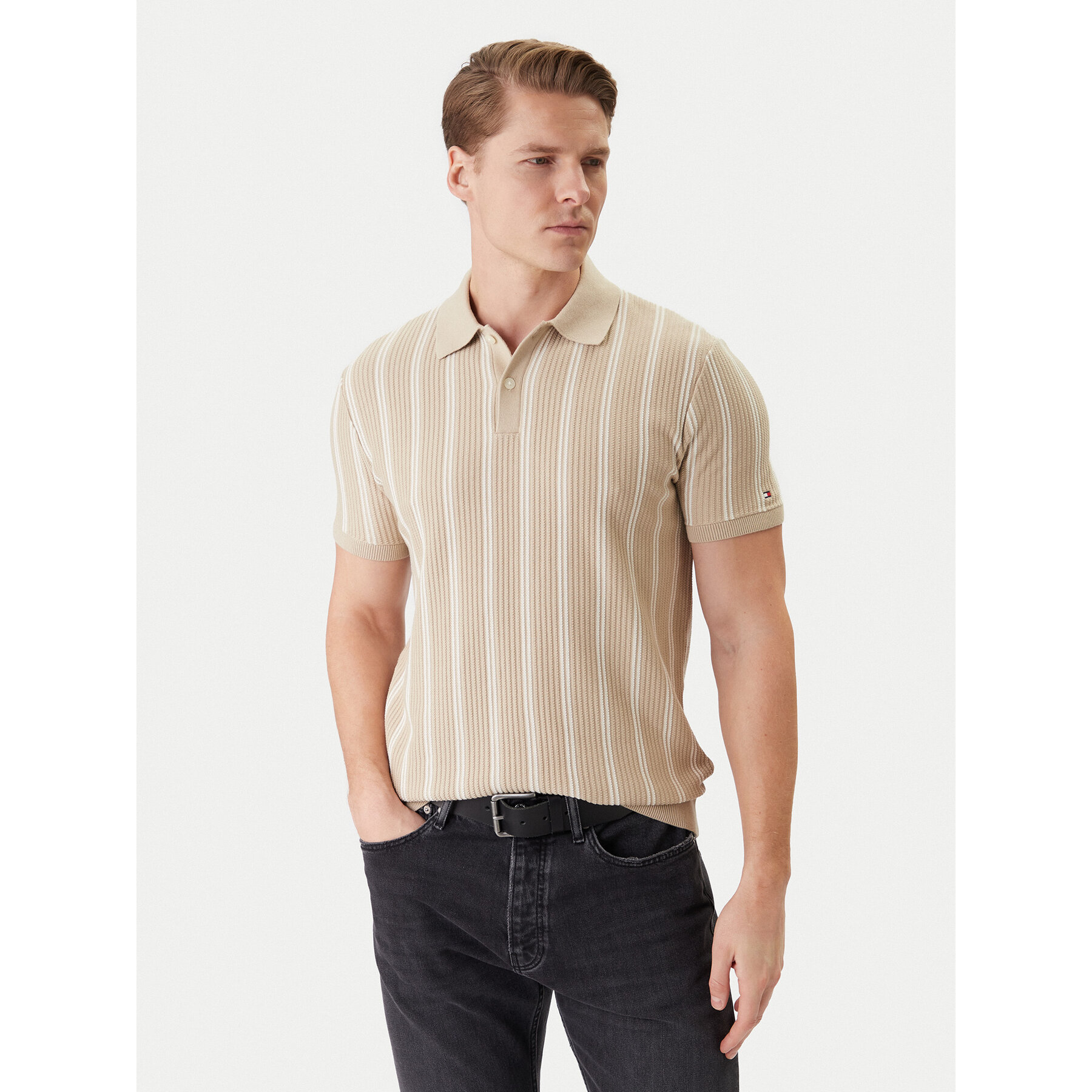 Tommy Hilfiger Polo Vertical MW0MW41949 Beżowy Regular Fit