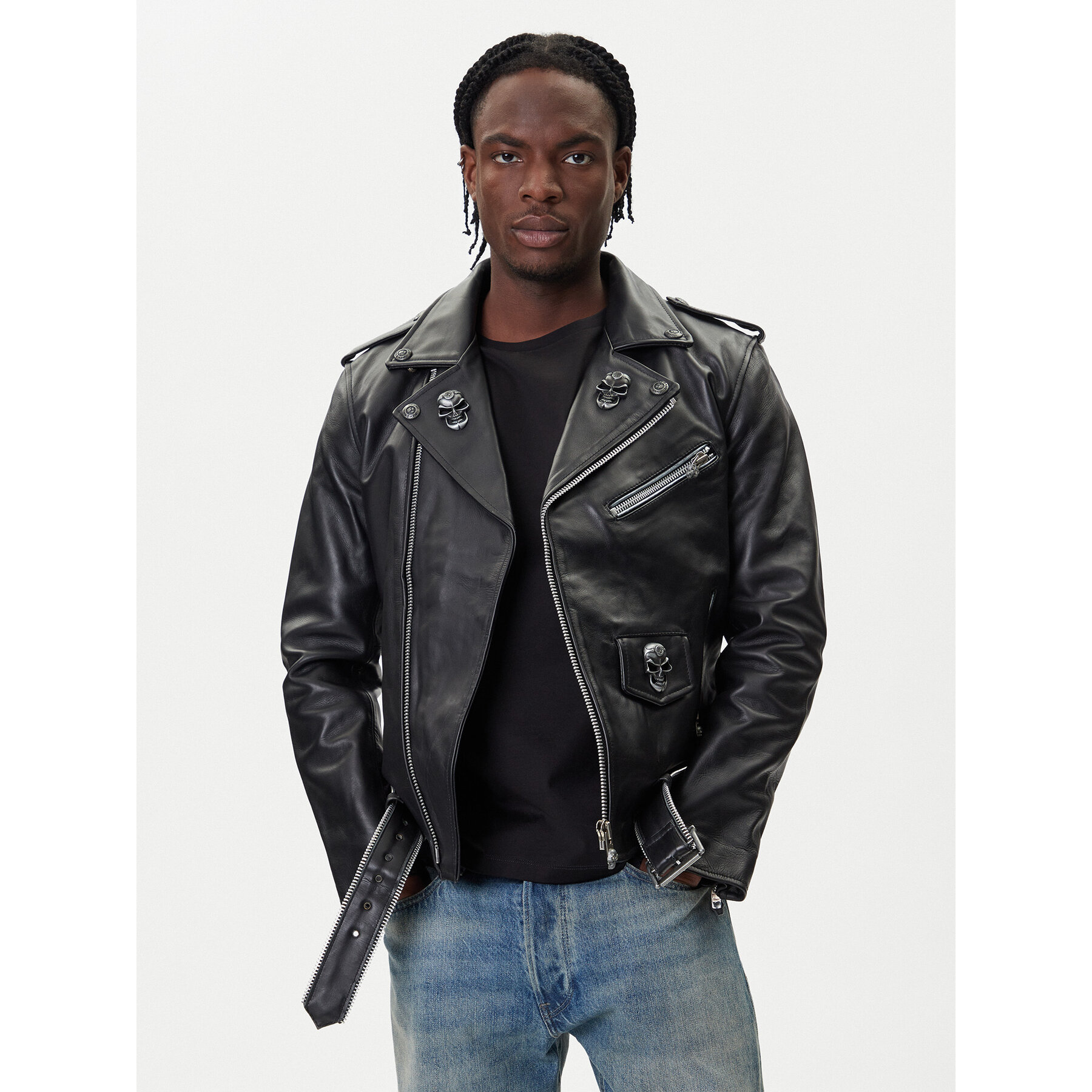 NEW ROCK Kurtka skórzana W-NRLMJ076-S1 Czarny Regular Fit