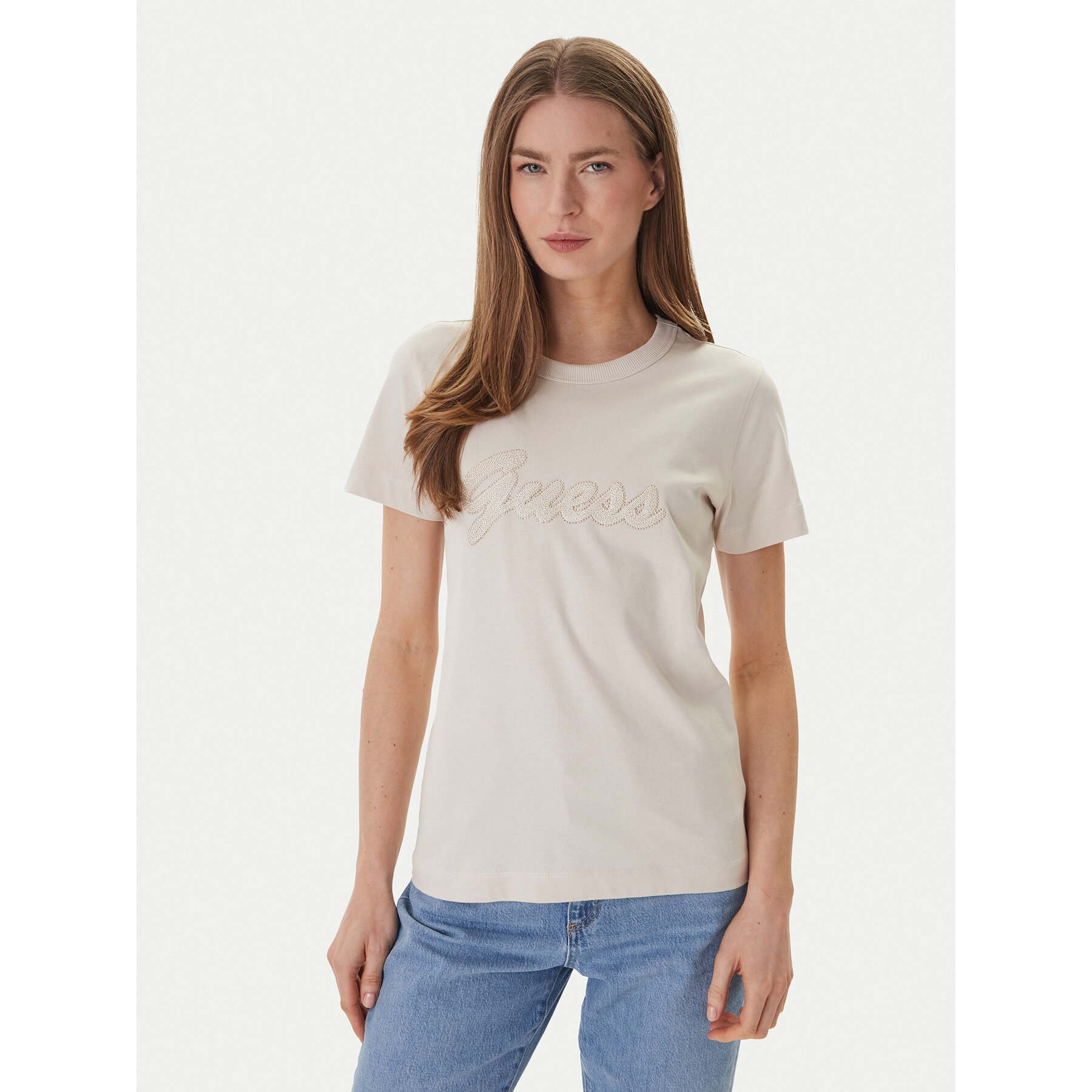 Guess T-Shirt W6GI08 K3023 Beżowy Regular Fit