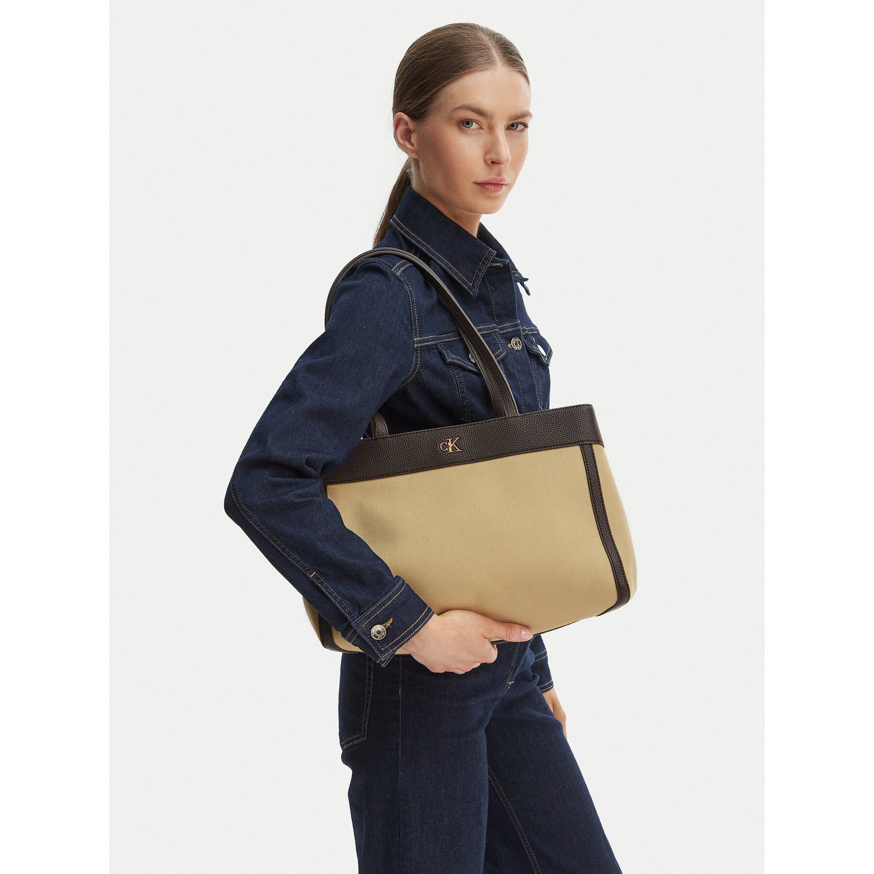 Calvin Klein Torebka Ck Canvas Medium Tote LV04F3503G Beżowy