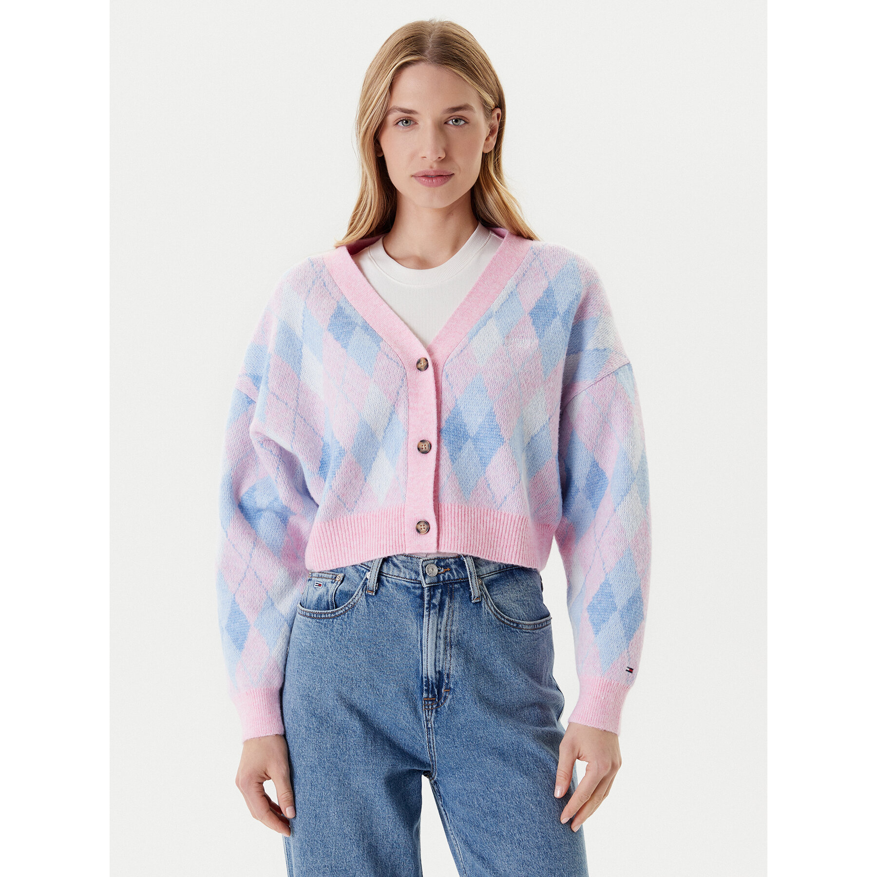 Tommy Jeans Kardigan Argyle DW0DW21180 Różowy Relaxed Fit