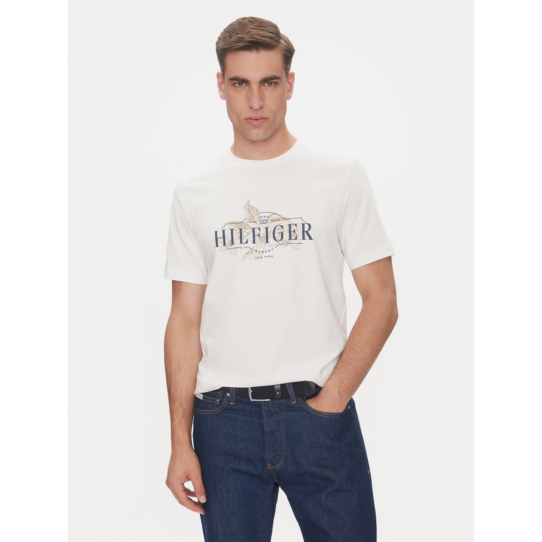Tommy Hilfiger T-Shirt Tropical Floral MW0MW39353 Biały Regular Fit