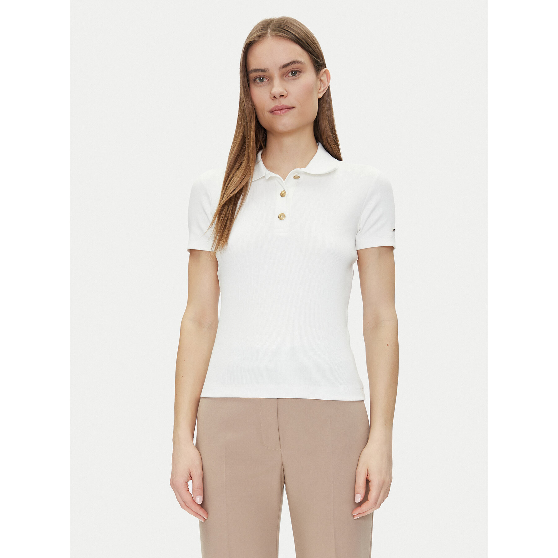 Tommy Hilfiger Polo Slim Gold Button Polo Ss WW0WW45436 Biały Regular Fit