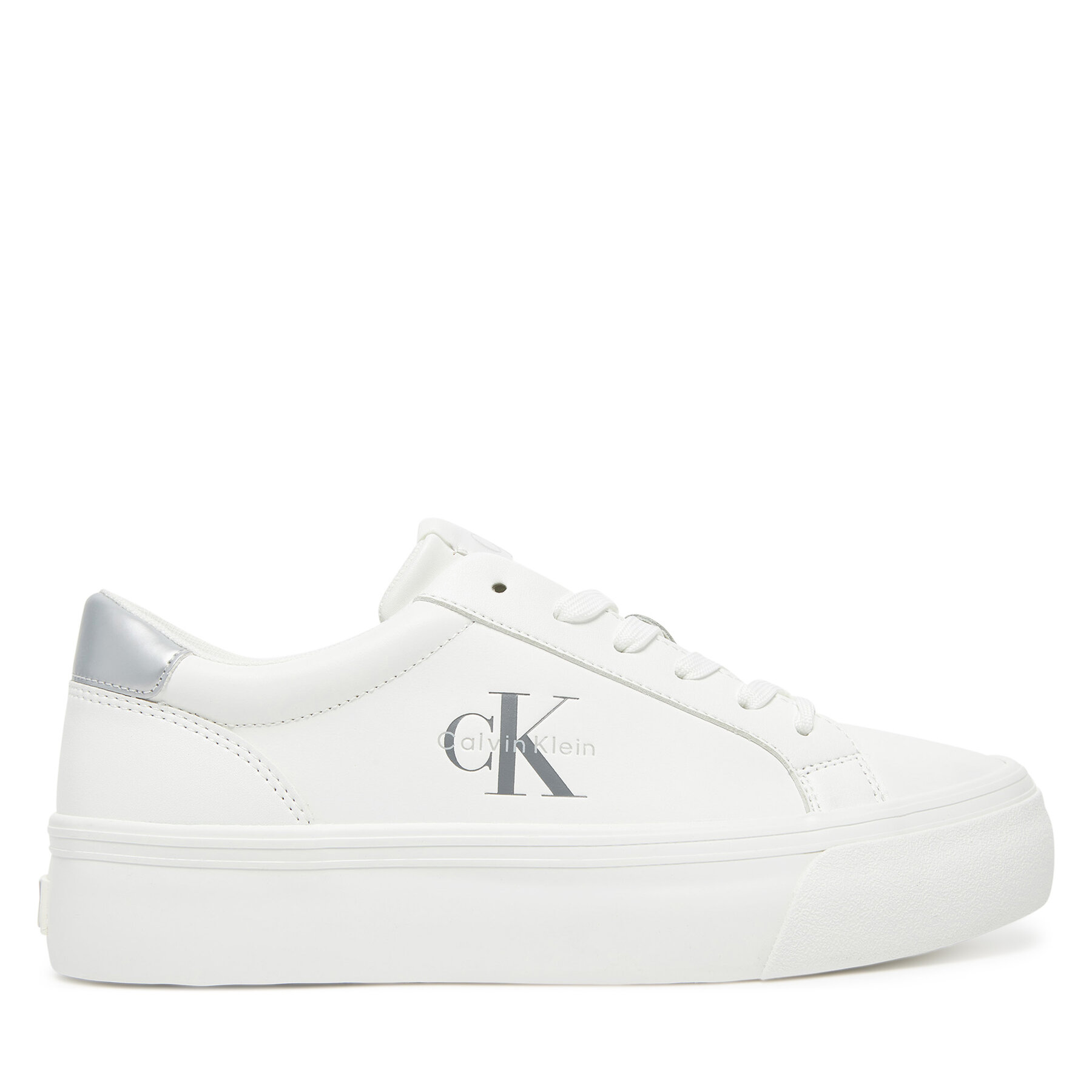 Calvin Klein Jeans Sneakersy Vulc Flatf Lth Silver Logo Tag YW0YW01877 Biały