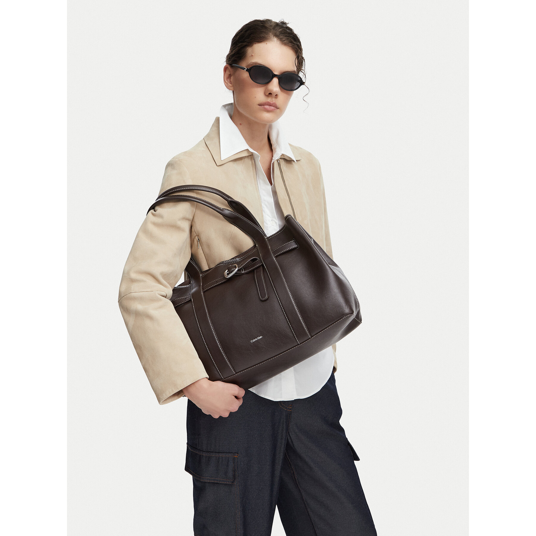 Calvin Klein Torebka Buckle Medium Work Tote LV04F3549G Brązowy