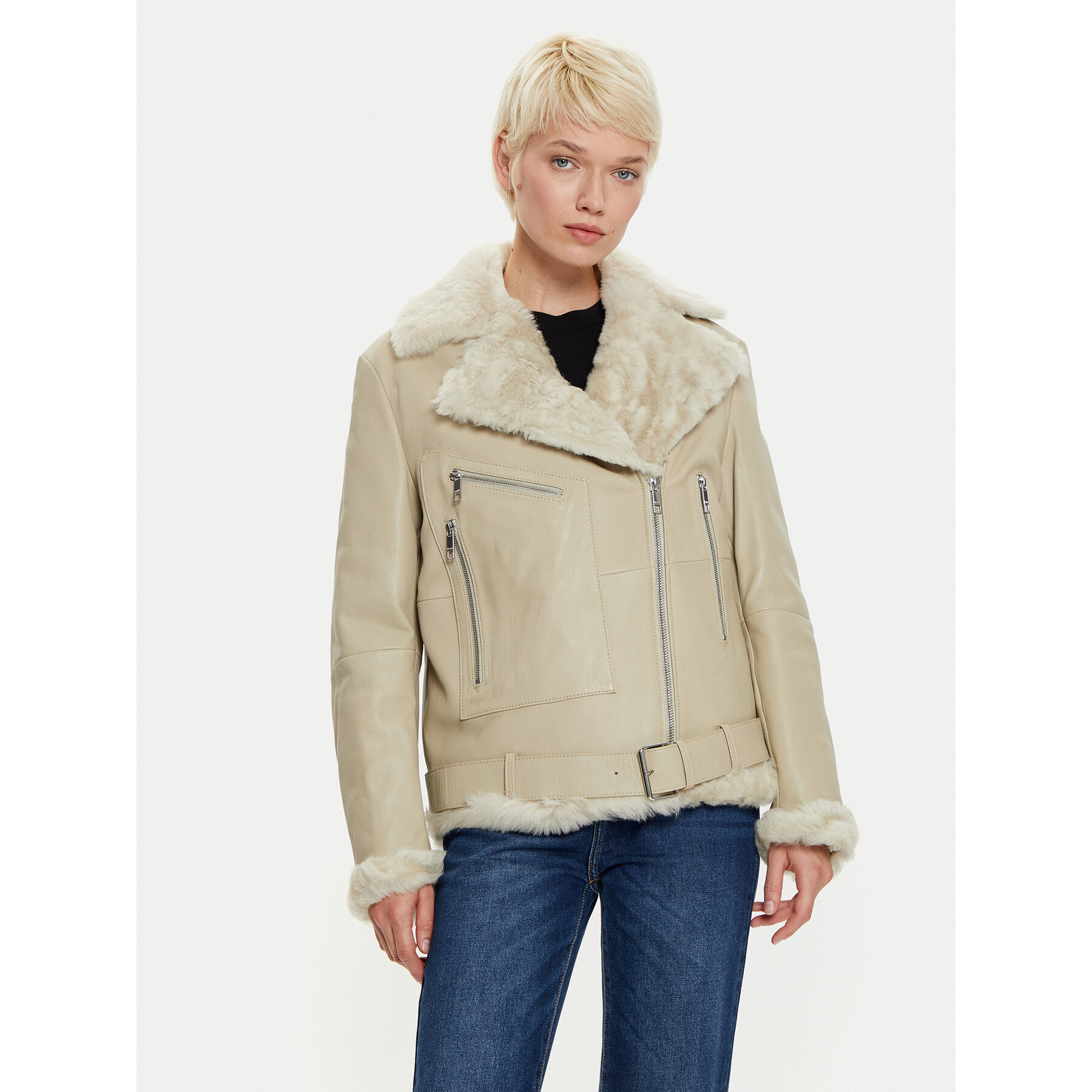 Boss Kurtka skórzana 50524016 Écru Regular Fit