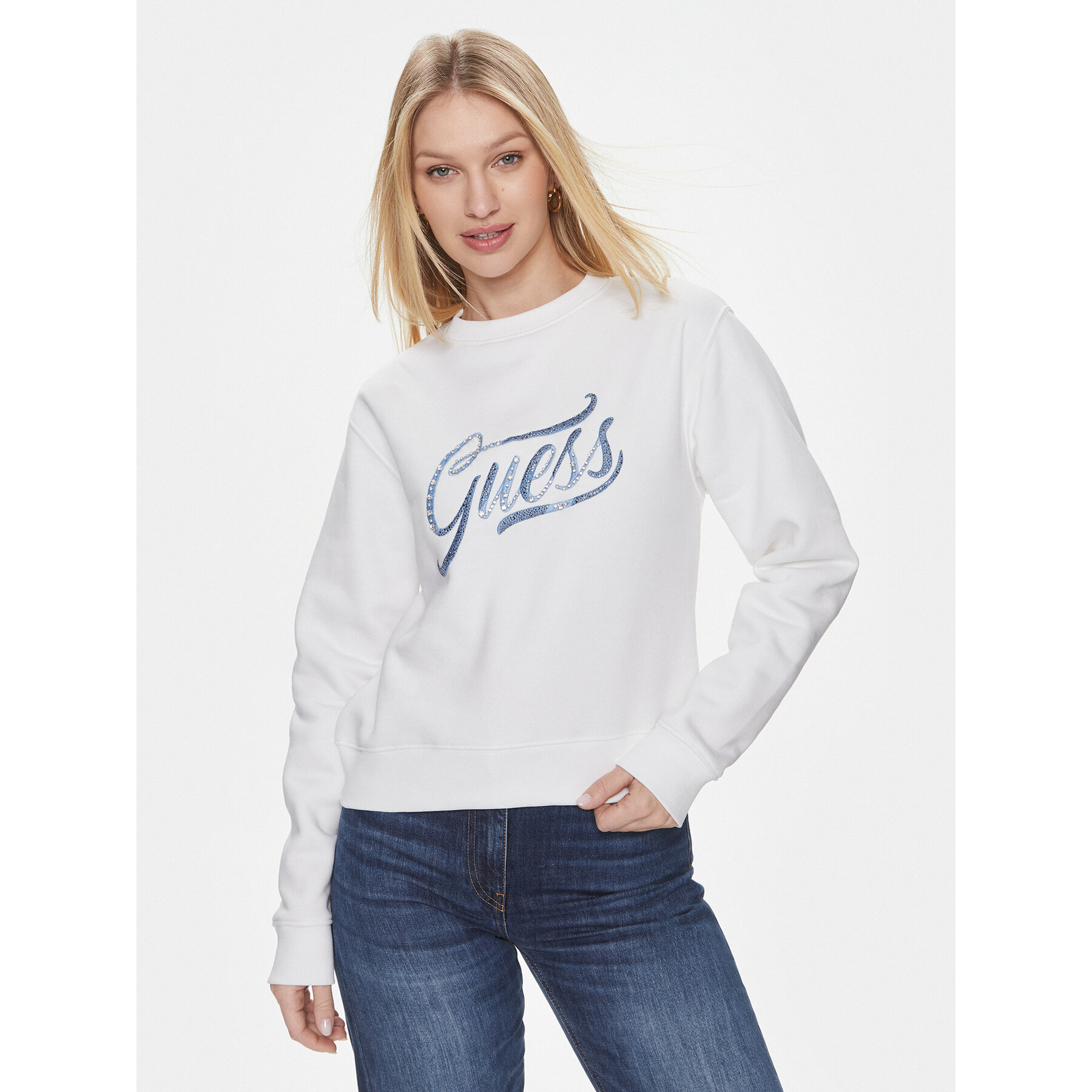 Guess Bluza Cn Stones Logo W4RQ14 KB681 Biały Relaxed Fit