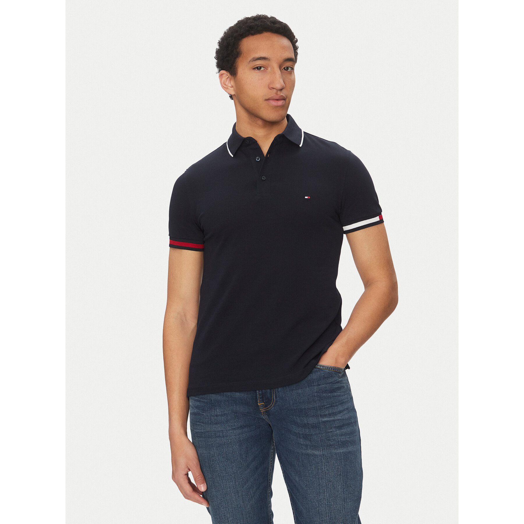 Tommy Hilfiger Polo Flag Cuff MW0MW38458 Granatowy Slim Fit