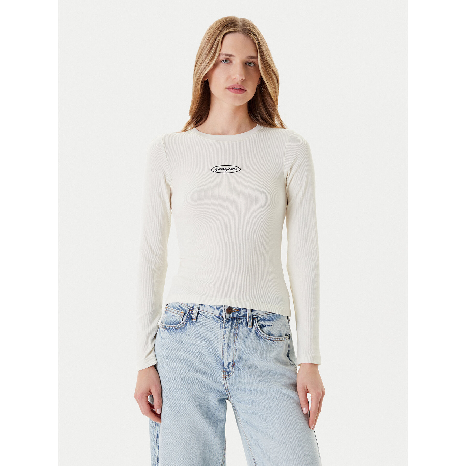 Guess Jeans Bluzka W5YP38 KA0H1 Écru Slim Fit