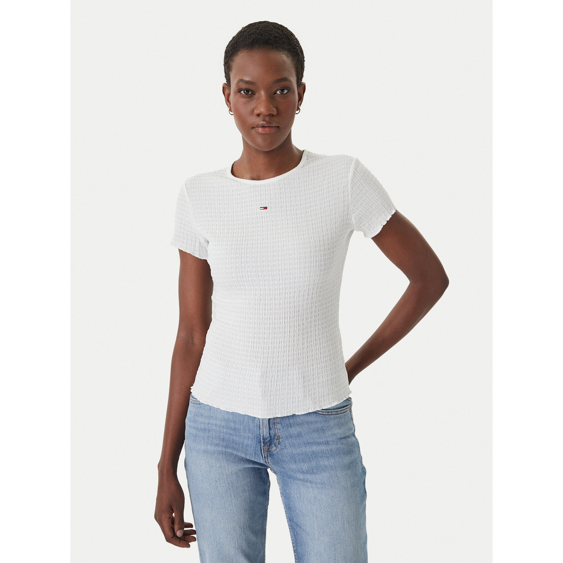 Tommy Jeans T-Shirt Smock Seersucker DW0DW22219 Biały Slim Fit