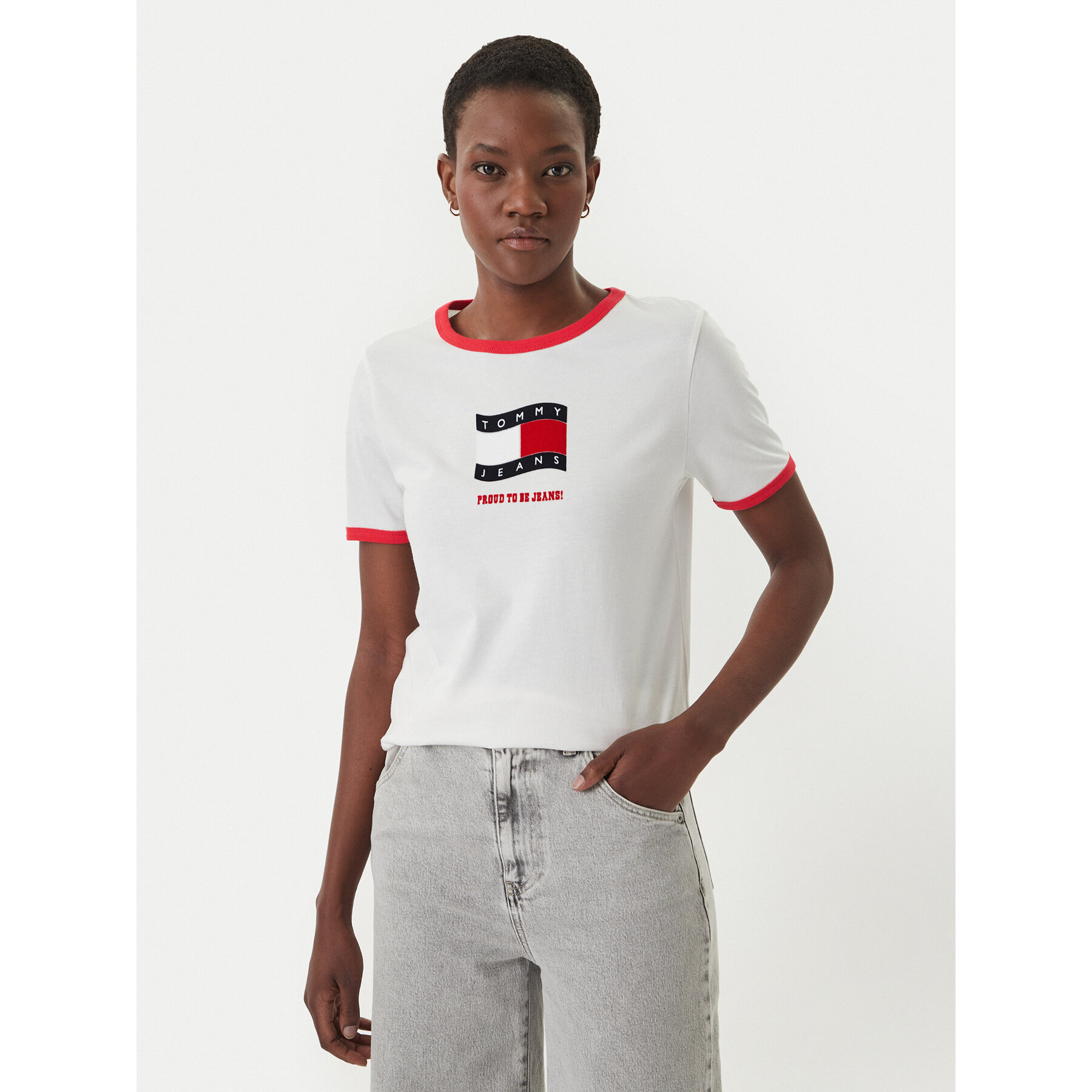 Tommy Jeans T-Shirt Wavy Flag Contrast Ringer DW0DW22306 Biały Regular Fit