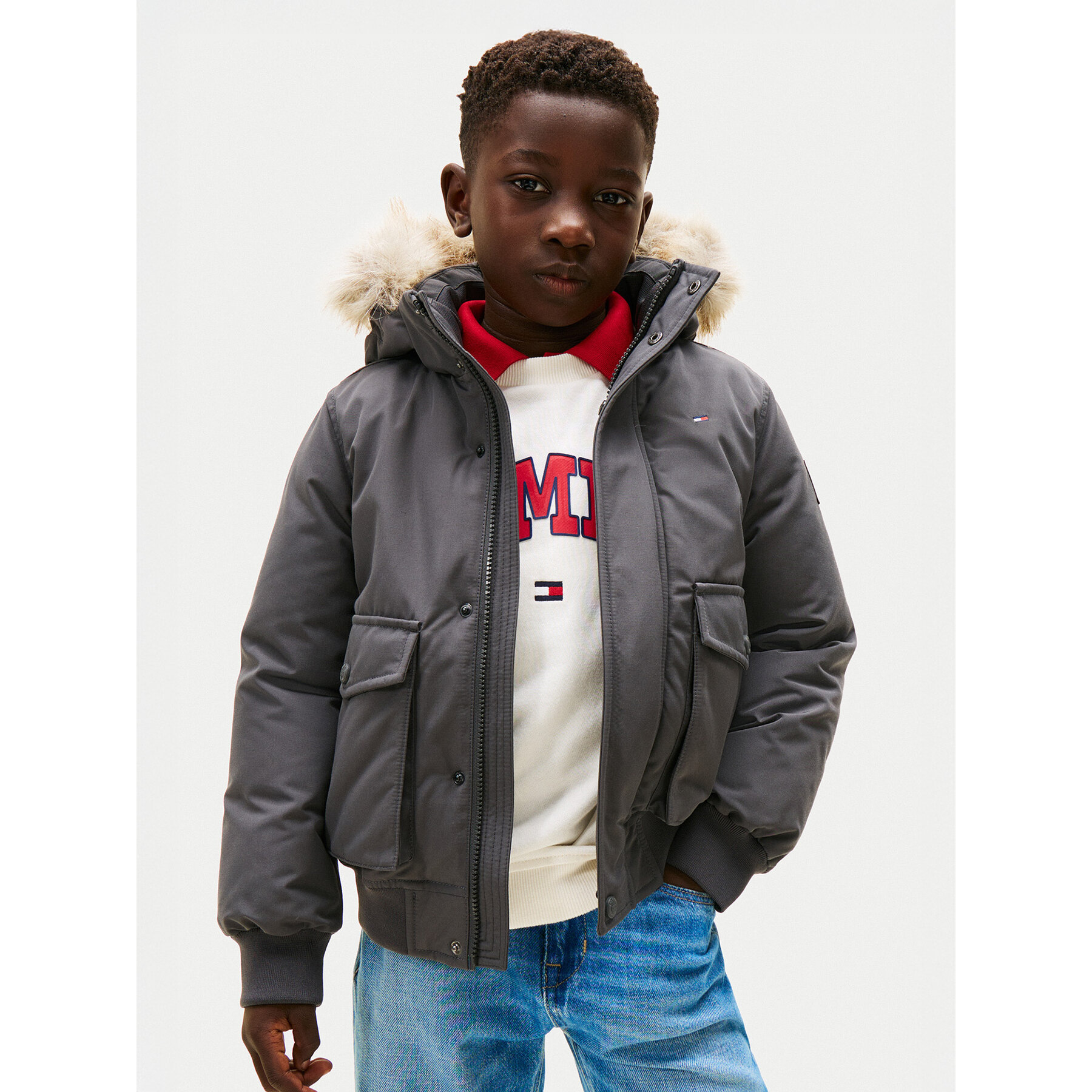 Tommy Hilfiger Kurtka zimowa Hooded Fake Fur Bomber KB0KB09887 Szary Regular Fit