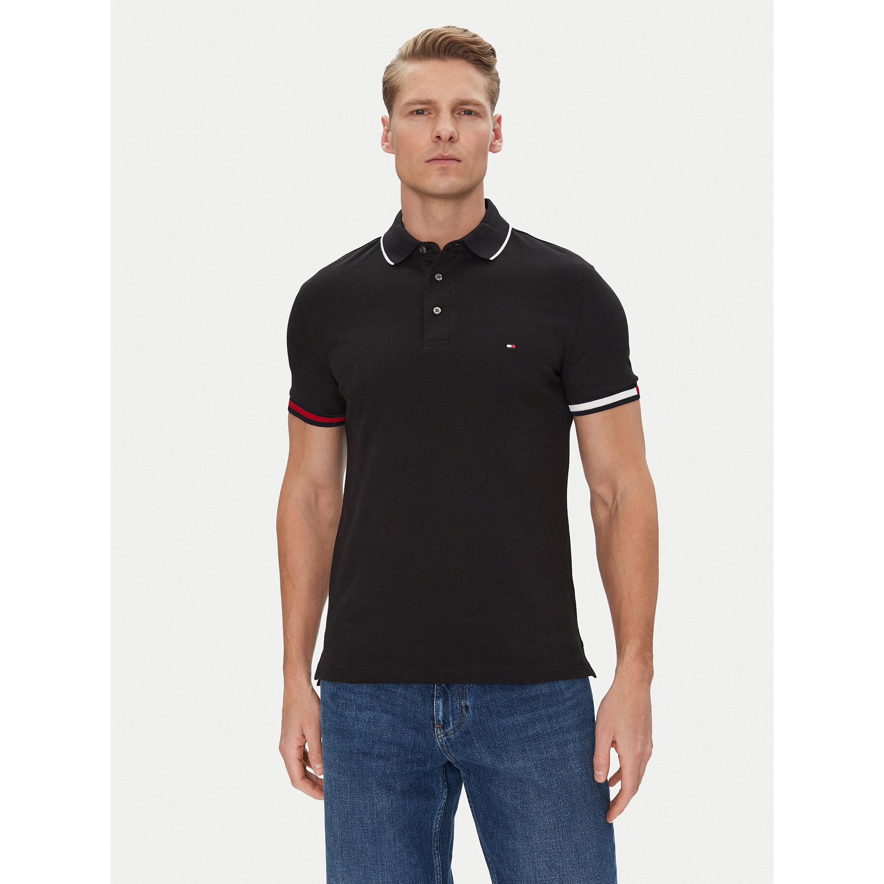 Tommy Hilfiger Polo Flag Cuff MW0MW38458 Czarny Slim Fit