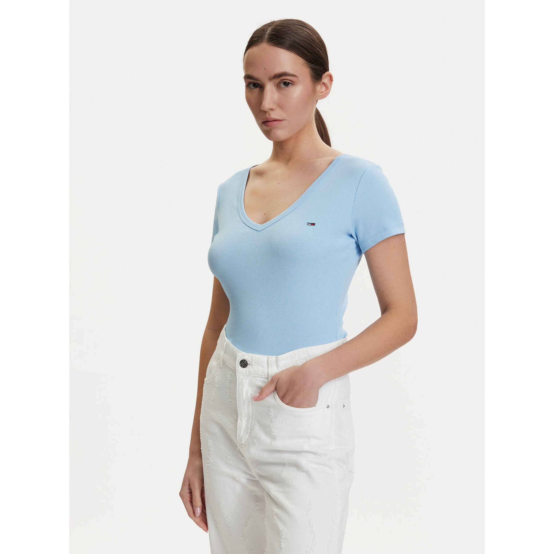 Tommy Jeans T-Shirt DW0DW17385 Niebieski jasny Slim Fit