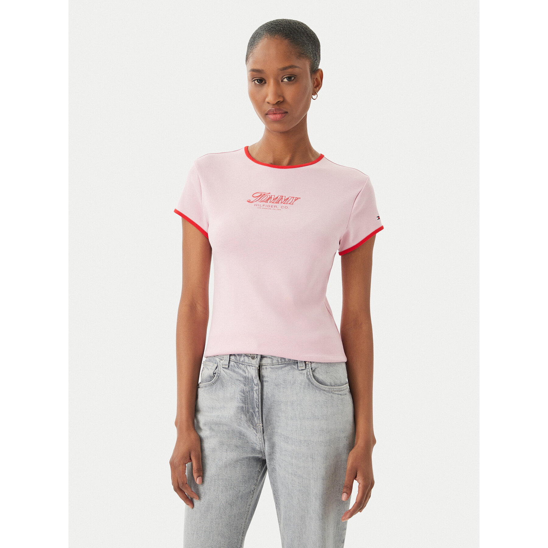 Tommy Hilfiger T-Shirt Logo Graphic Ringer WW0WW49245 Różowy jasny Slim Fit