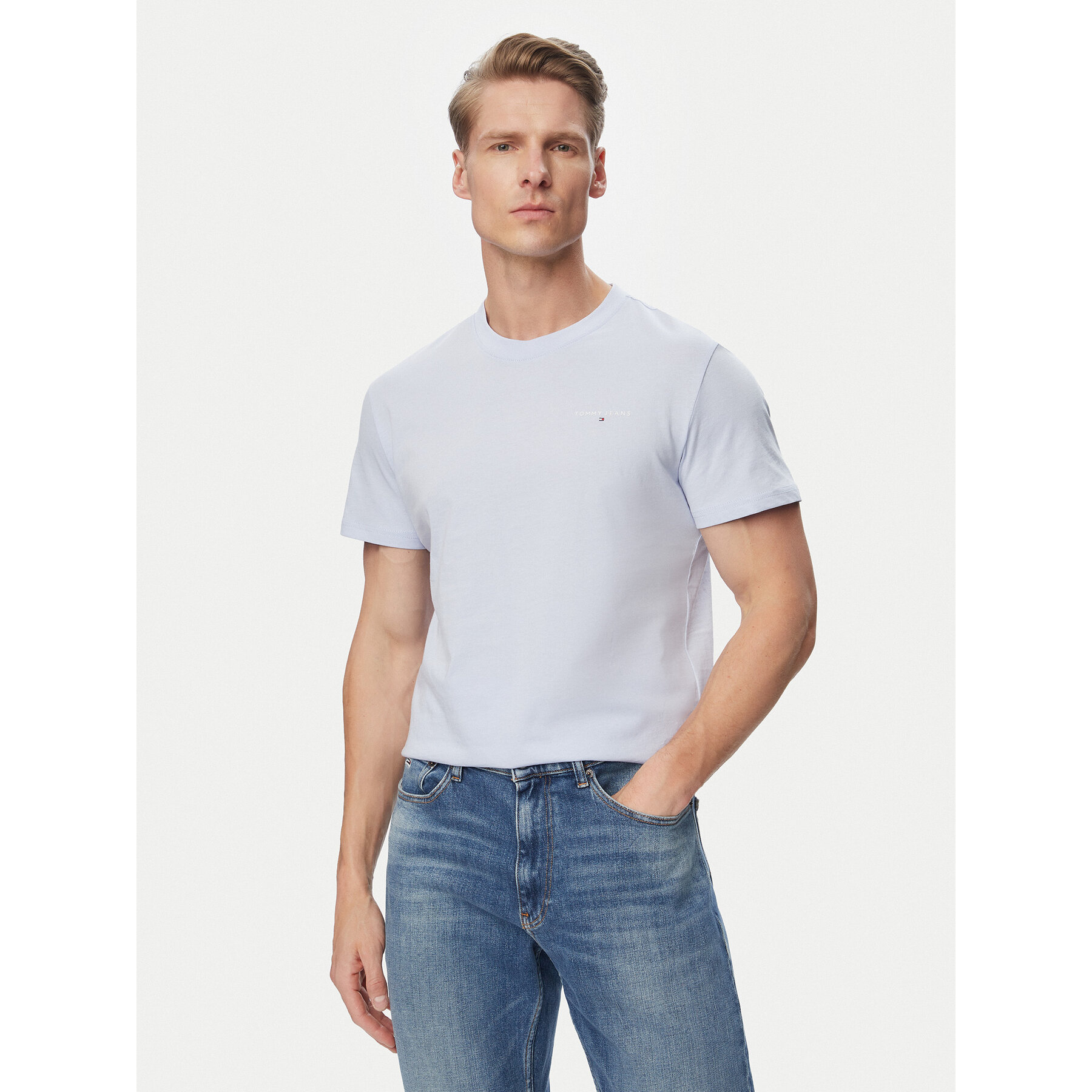 Tommy Jeans T-Shirt Linear Chest DM0DM21780 Niebieski jasny Slim Fit