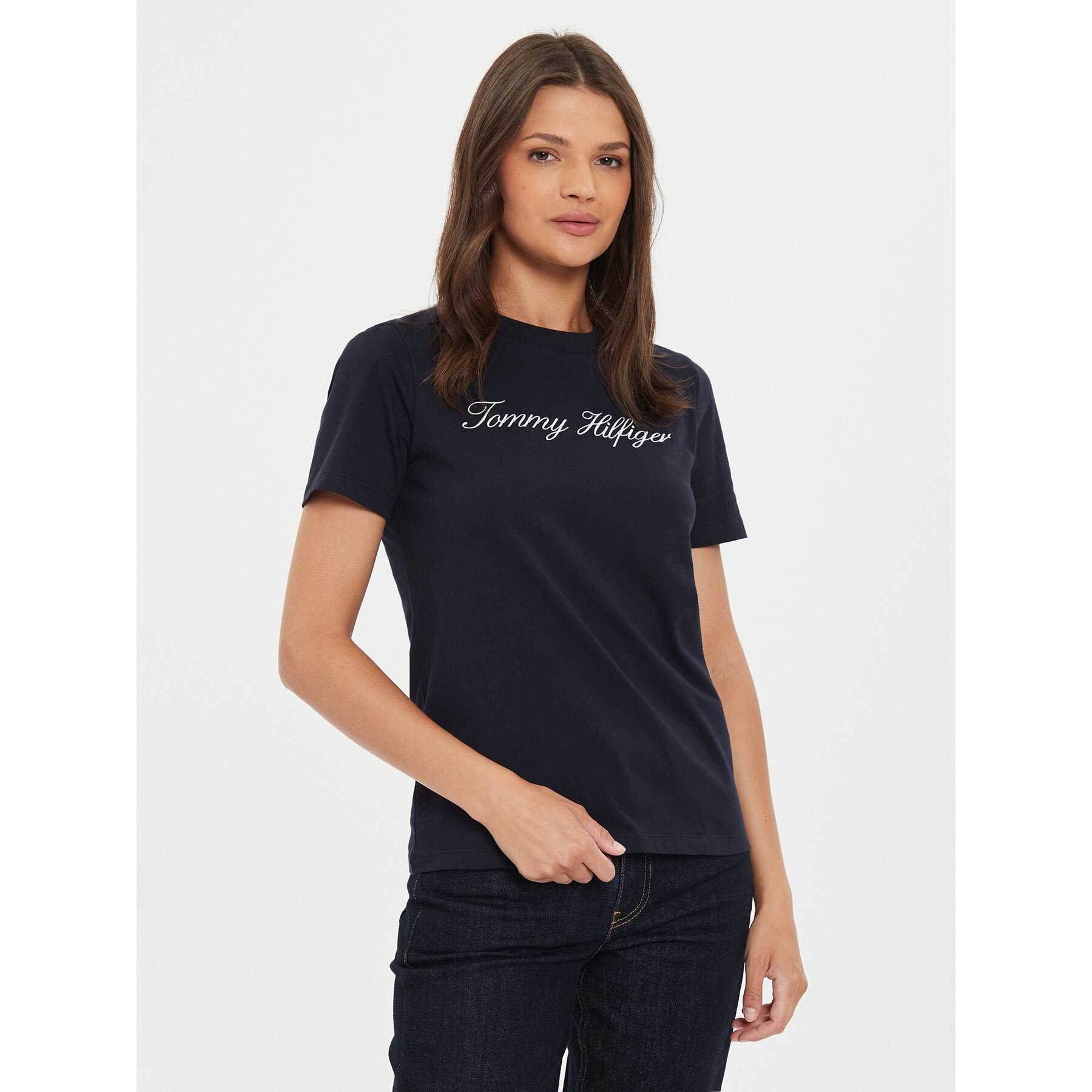 Tommy Hilfiger T-Shirt Script WW0WW43459 Granatowy Regular Fit