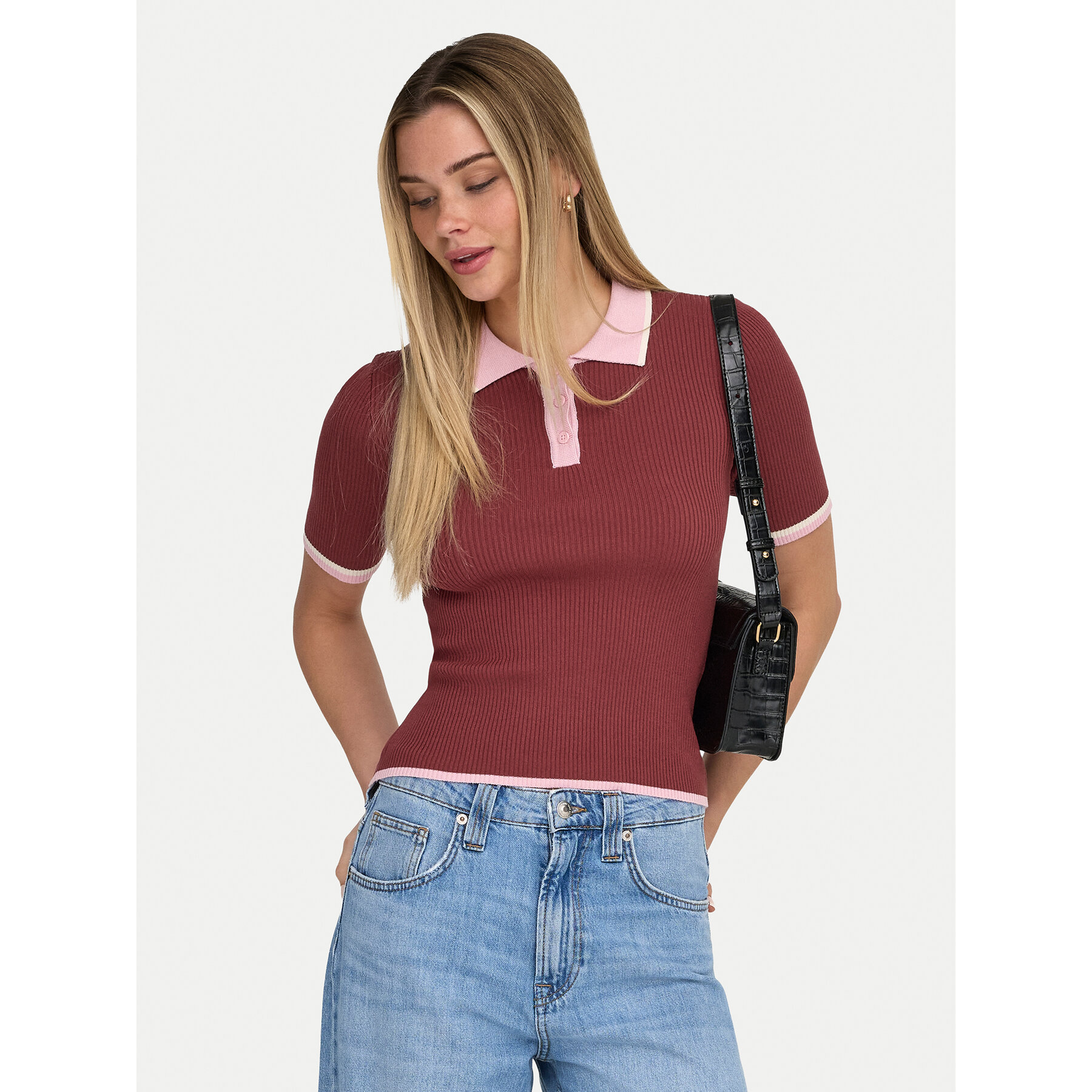 ONLY Polo Meddi 15363165 Bordowy Slim Fit