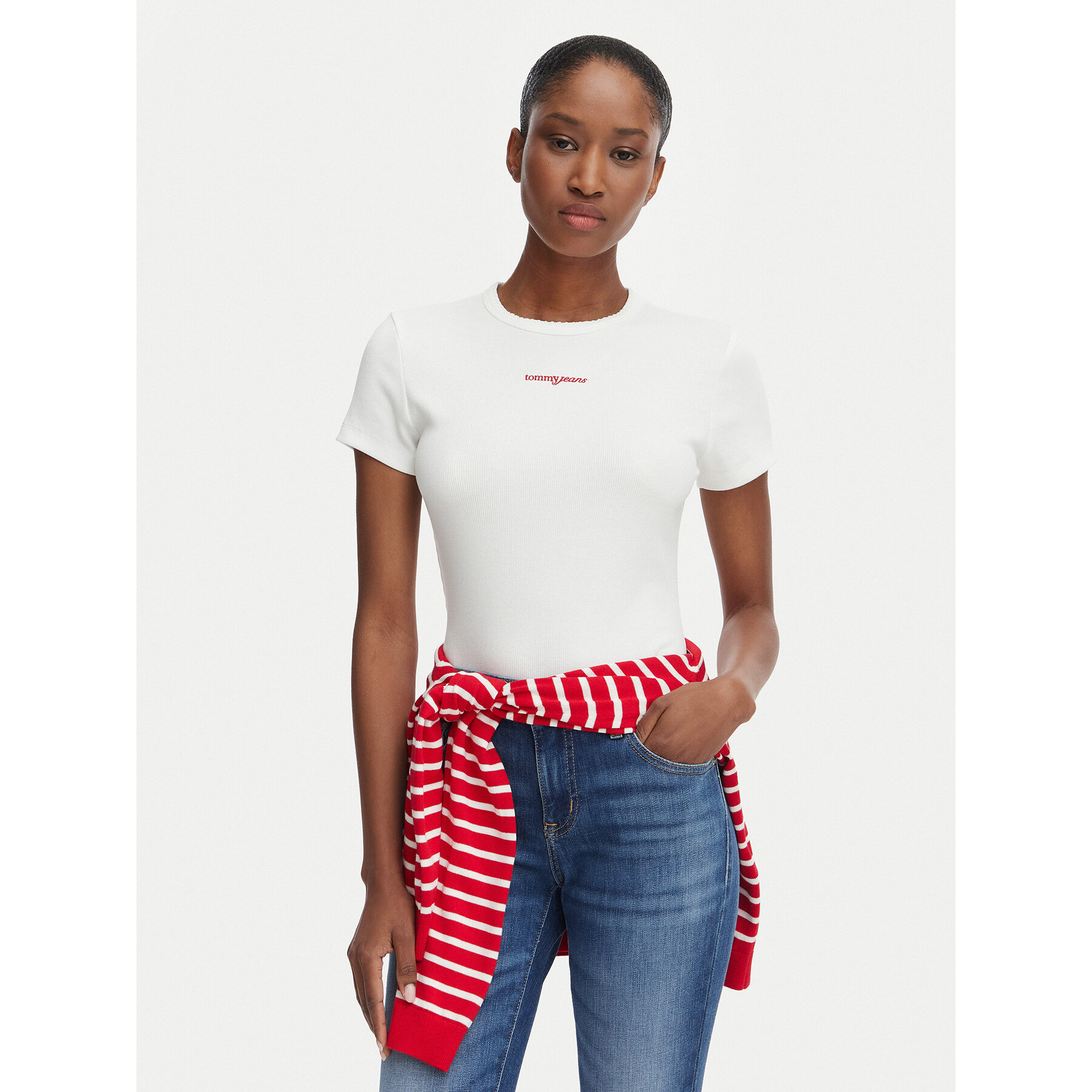 Tommy Jeans T-Shirt Script Rib DW0DW22809 Kremowy Slim Fit
